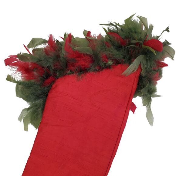 Vintage Silk Christmas Stocking Red Feathered Bell Accents Green Feathers 25" - Picture 6 of 13